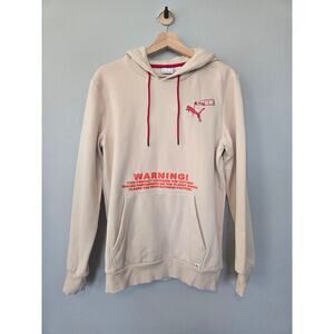 Puma Graphic Hoodie Men’s Small Beige Streetwear Warning Logo Pullover Spicy